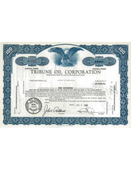 TRIBUNE OIL CORPORATION - 100 AZIONI - 1968