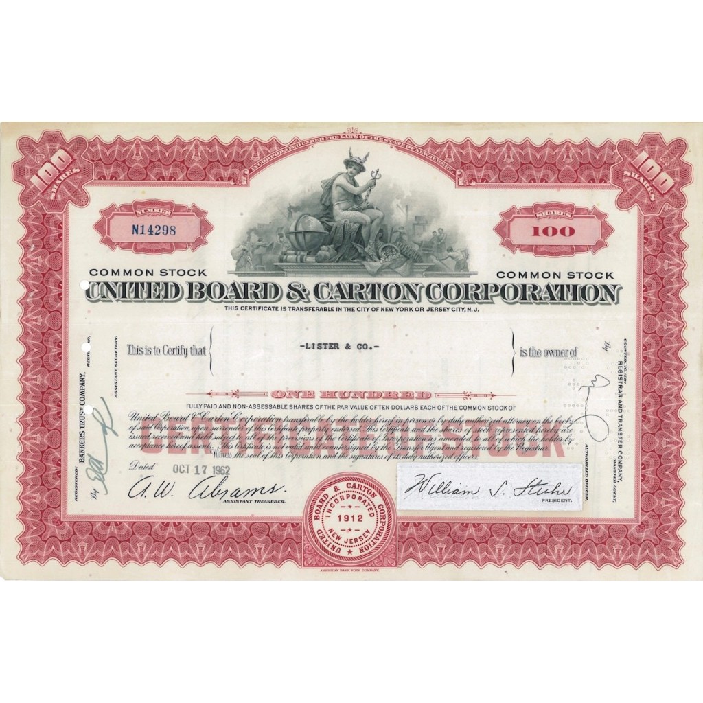 UNITED BOARD AND CARTON CORP. 100 AZIONI - 1962
