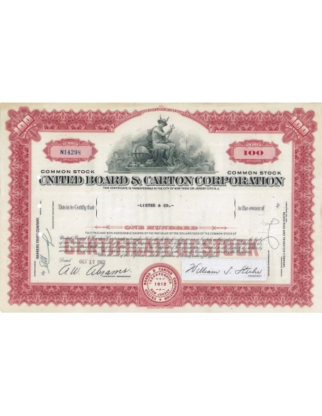 UNITED BOARD AND CARTON CORP. 100 AZIONI - 1962
