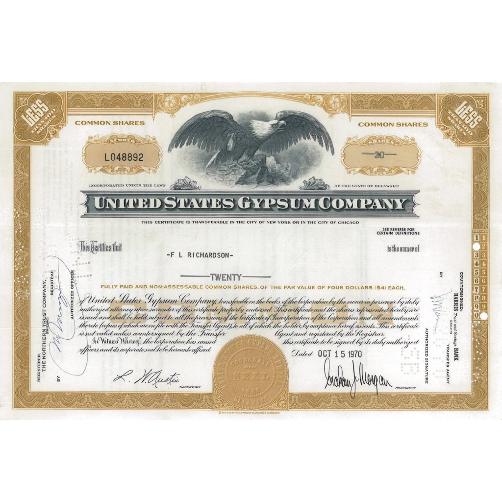 UNITED STATES GYPSUM COMPANY - 20 AZIONI - 1970