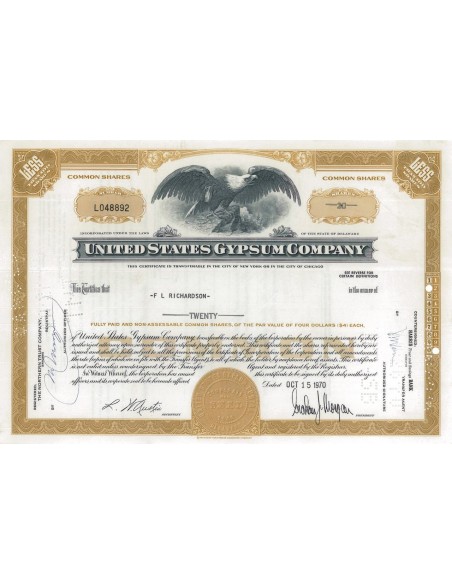UNITED STATES GYPSUM COMPANY - 20 AZIONI - 1970