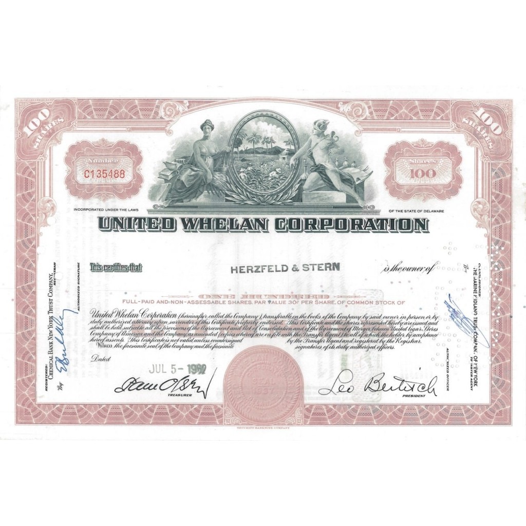 UNITED WHELAN CORPORATION - 100 AZIONI - 1962