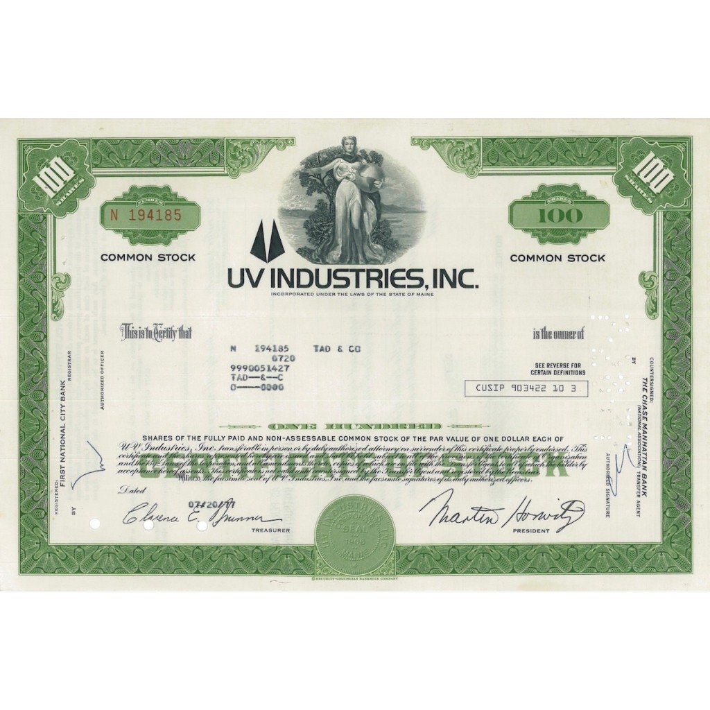 UV INDUSTRIES, INC. - 100 AZIONI - 1977