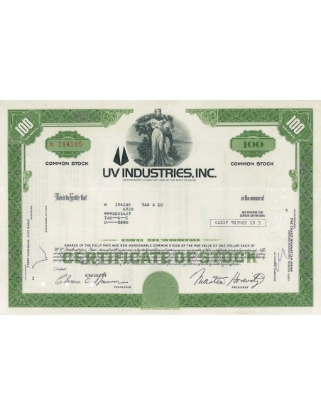 UV INDUSTRIES, INC. - 100 AZIONI - 1977