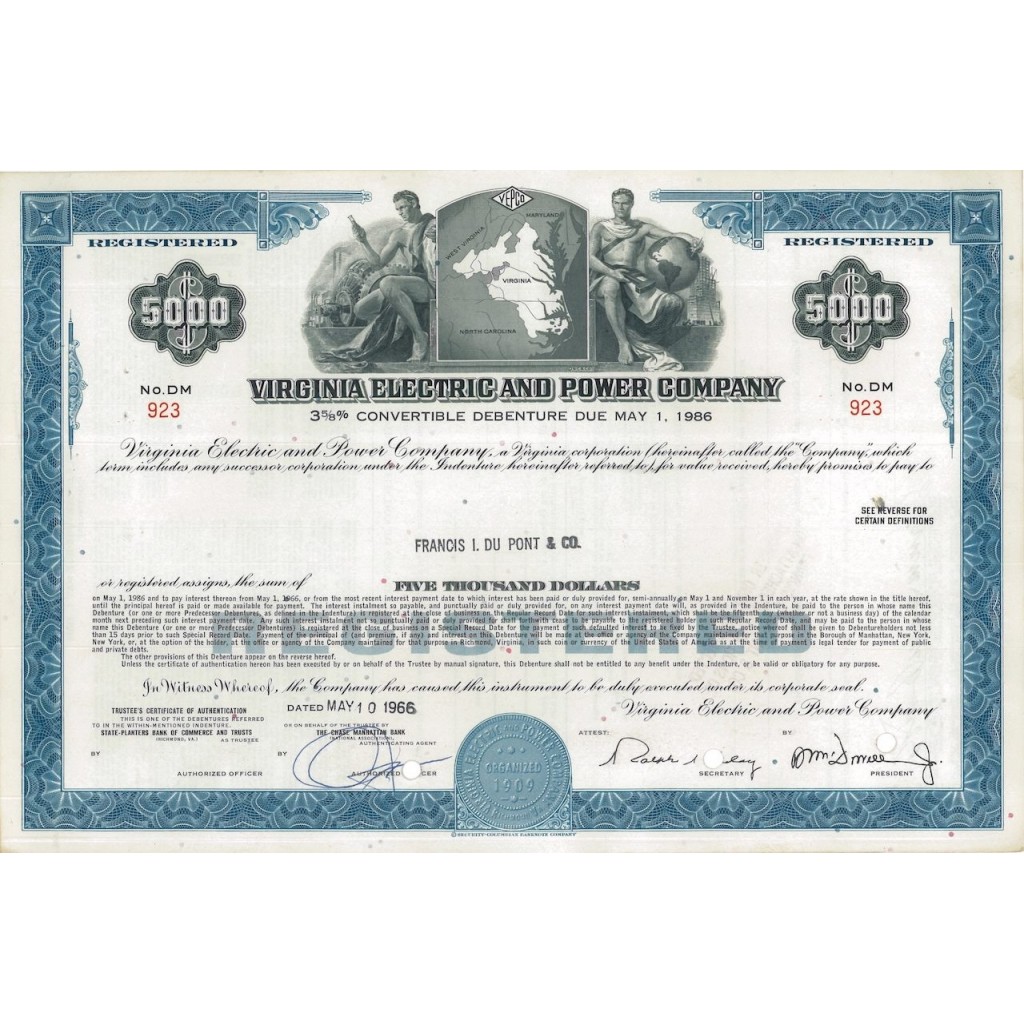 VIRGINIA ELECTRIC AND POWER COMPANY - 5000 DOLLARI - 1966