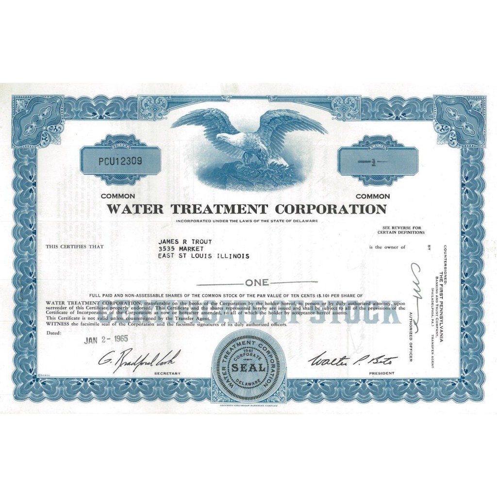 WATER TREATMENT CORP. - 1 AZIONE - 1965
