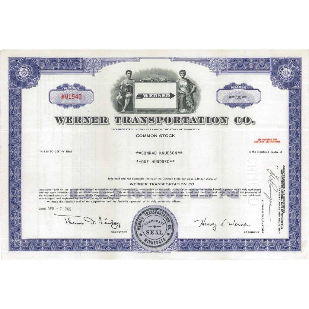 WERNER TRANSPORTATION CO. - 100 AZIONI - 1965
