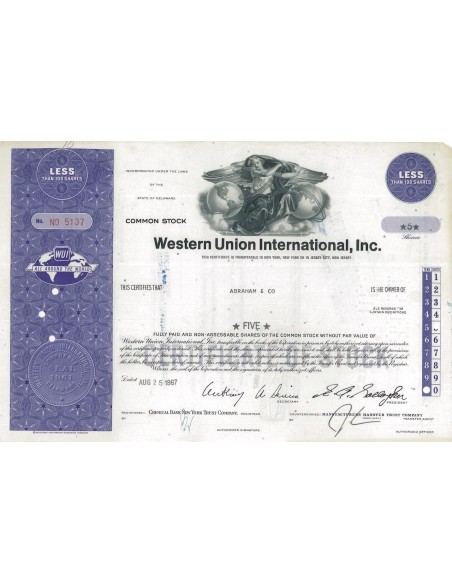 WESTERN UNION INTERNATIONAL, INC - 5 AZIONI - 1967