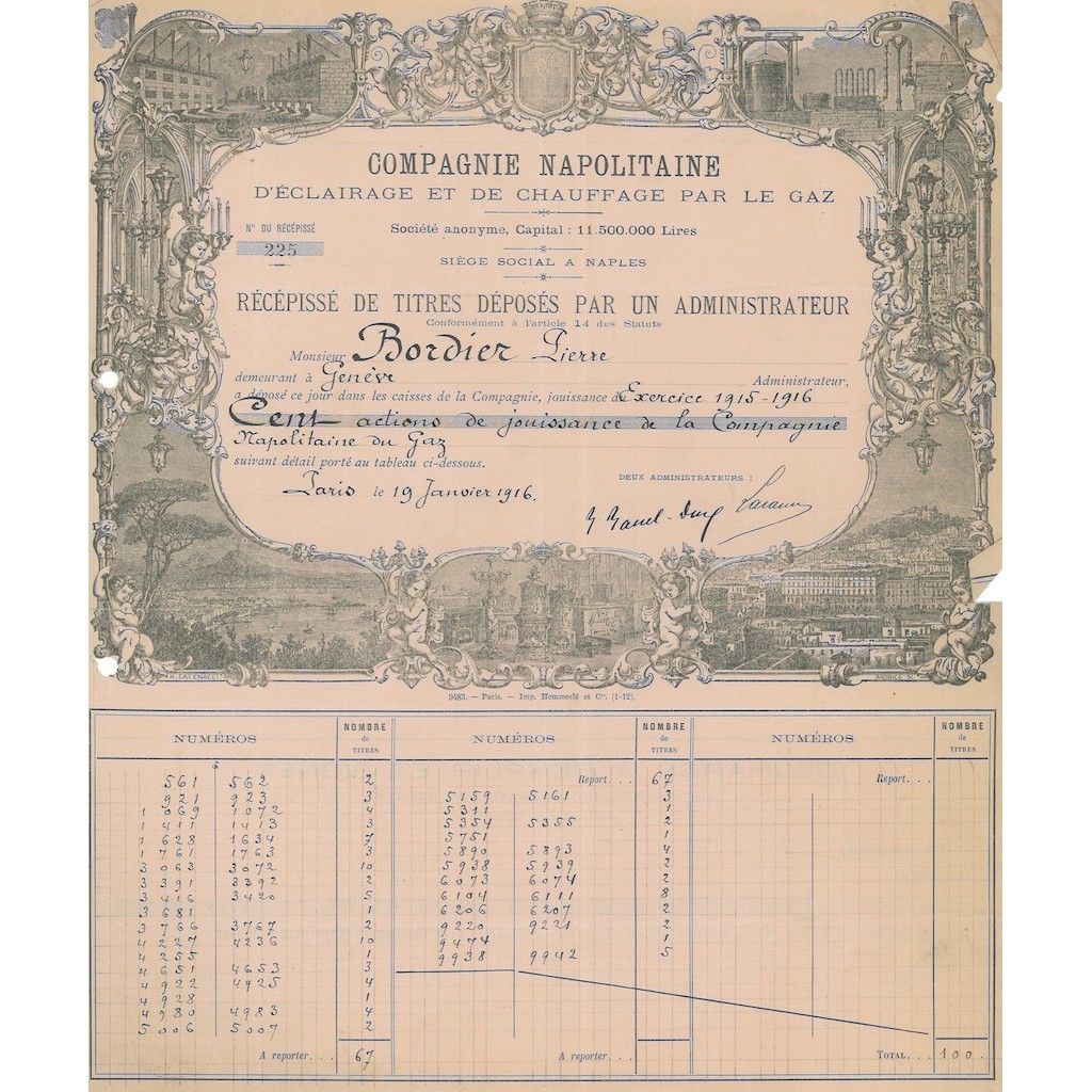 COMPAGNIE NAPOLITAINE - Cento azioni dell'azionista Bordier Pierre