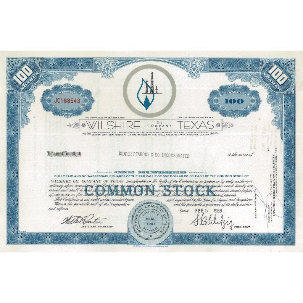 WILSHIRE OIL COMPANY OF TEXAS - 100 AZIONI - 1968