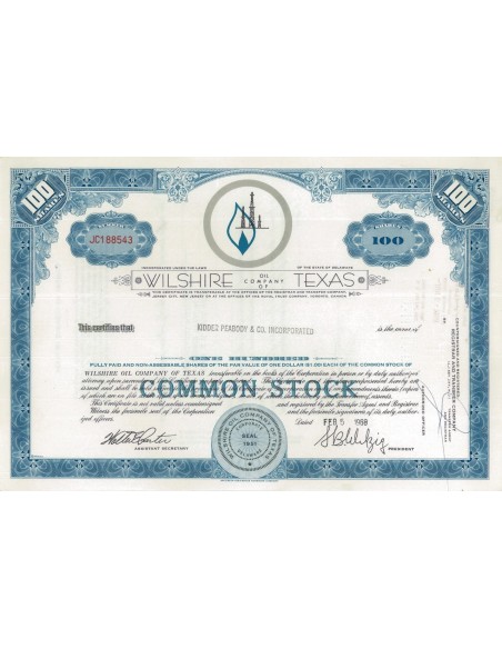 WILSHIRE OIL COMPANY OF TEXAS - 100 AZIONI - 1968