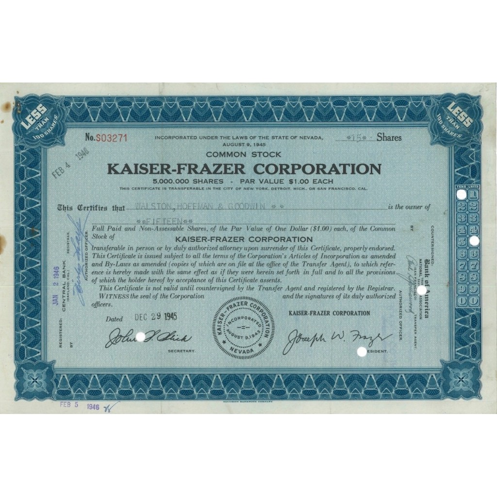 KAISER-FRAZER CORPORATION - 15 AZIONI - 1945