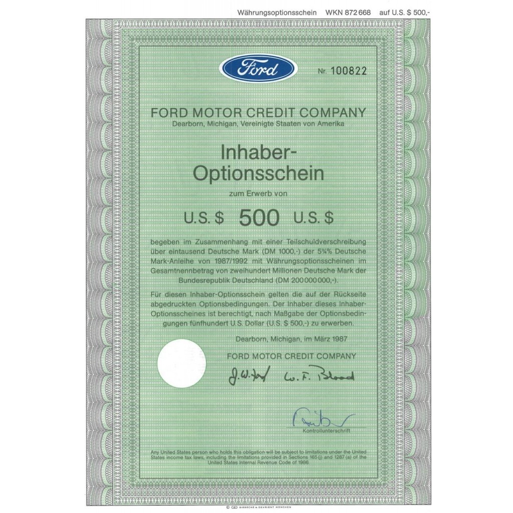 FORD MOTOR CREDIT COMPANY - 500 DOLLARI - 1987