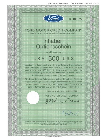 FORD MOTOR CREDIT COMPANY - 500 DOLLARI - 1987