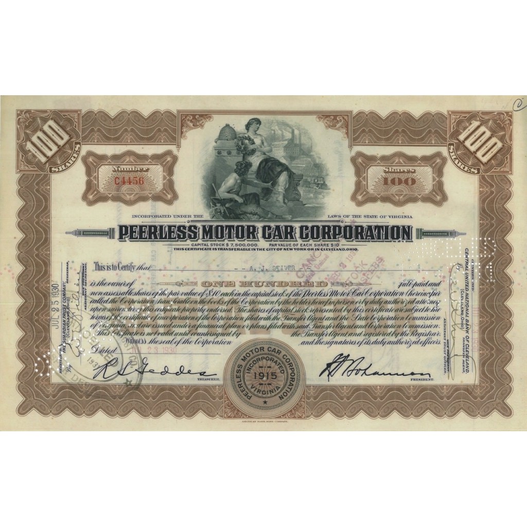 PEERLESS MOTOR CAR CORP. - 10 AZIONI - 1930