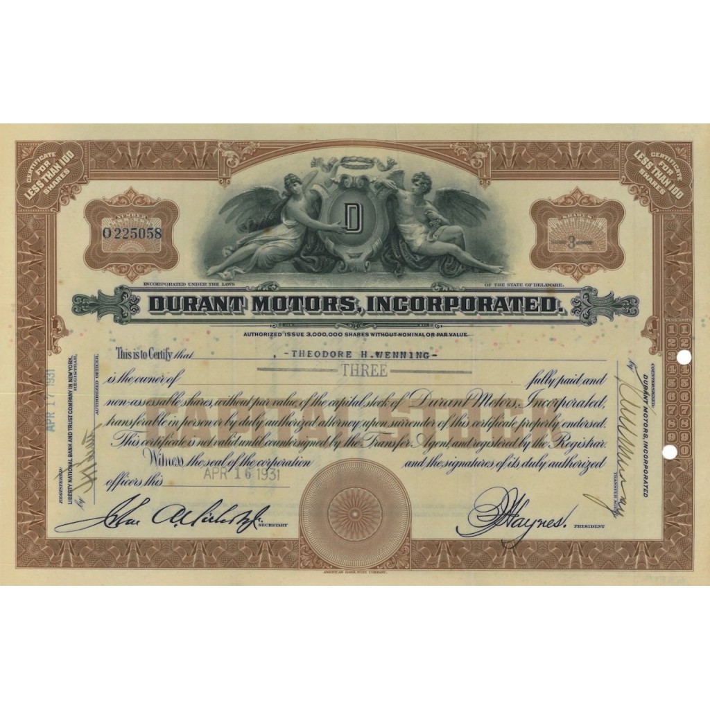 DURANT MOTORS, INCORPORATED - 3 AZIONI - 1931