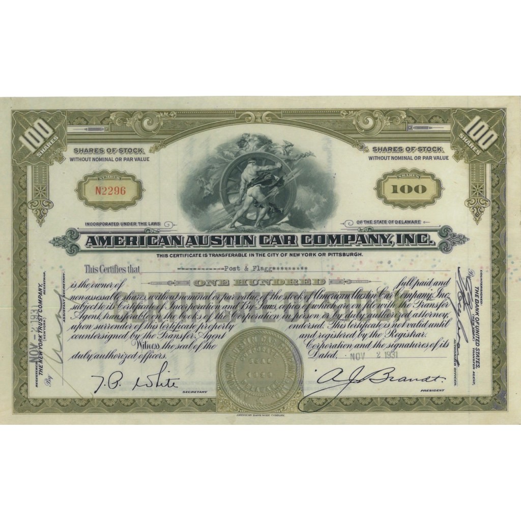 AMERICAN AUSTIN CAR COMPANY INC. - 100 AZIONI - 1931