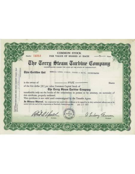 THE TERRY STEAM TURBINE COMPANY - 5 AZIONI - 1961