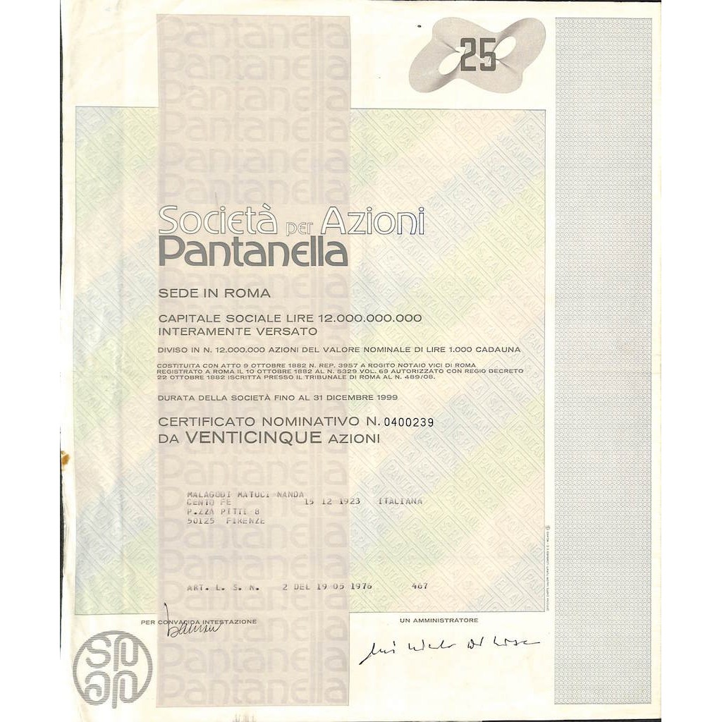 PANTANELLA - SOCIETA` PER AZIONI - 25 AZIONI ROMA 1976