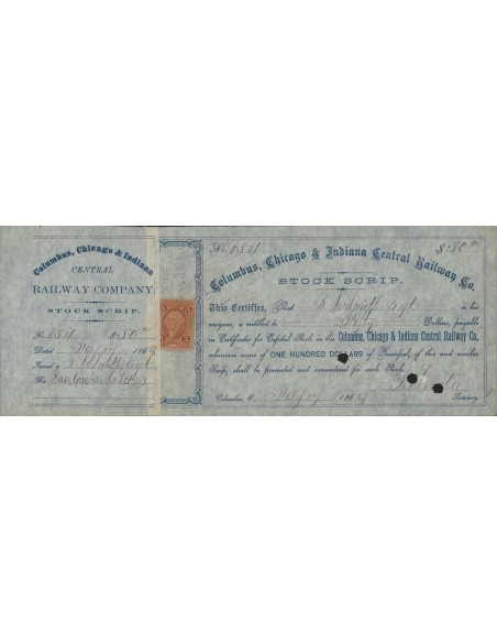 COLUMBUS, CHICAGO AND INDIANA CENTRAL RAILWAY CO. AZIONI 1869