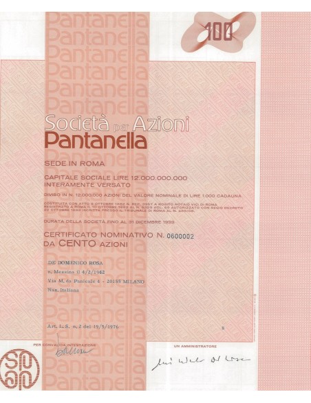PANTANELLA - SOCIETA` PER AZIONI - 100 AZIONI ROMA 1976