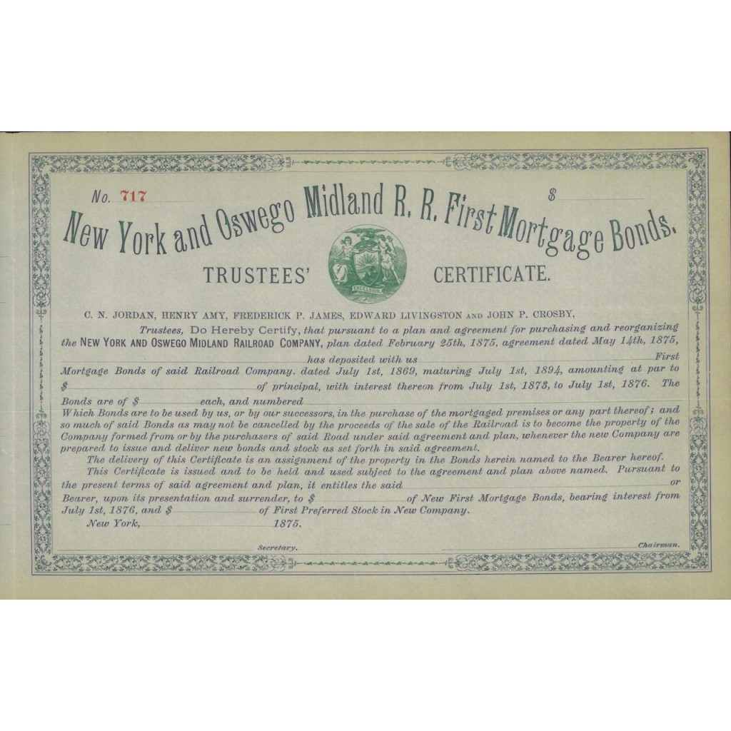 NEW YORK AND OSWEGO MIDLAND R.R. FIRST MORTGAGE BONDS 1875