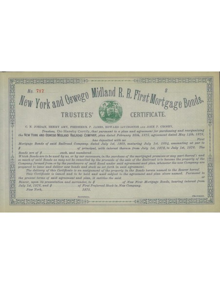 NEW YORK AND OSWEGO MIDLAND R.R. FIRST MORTGAGE BONDS 1875