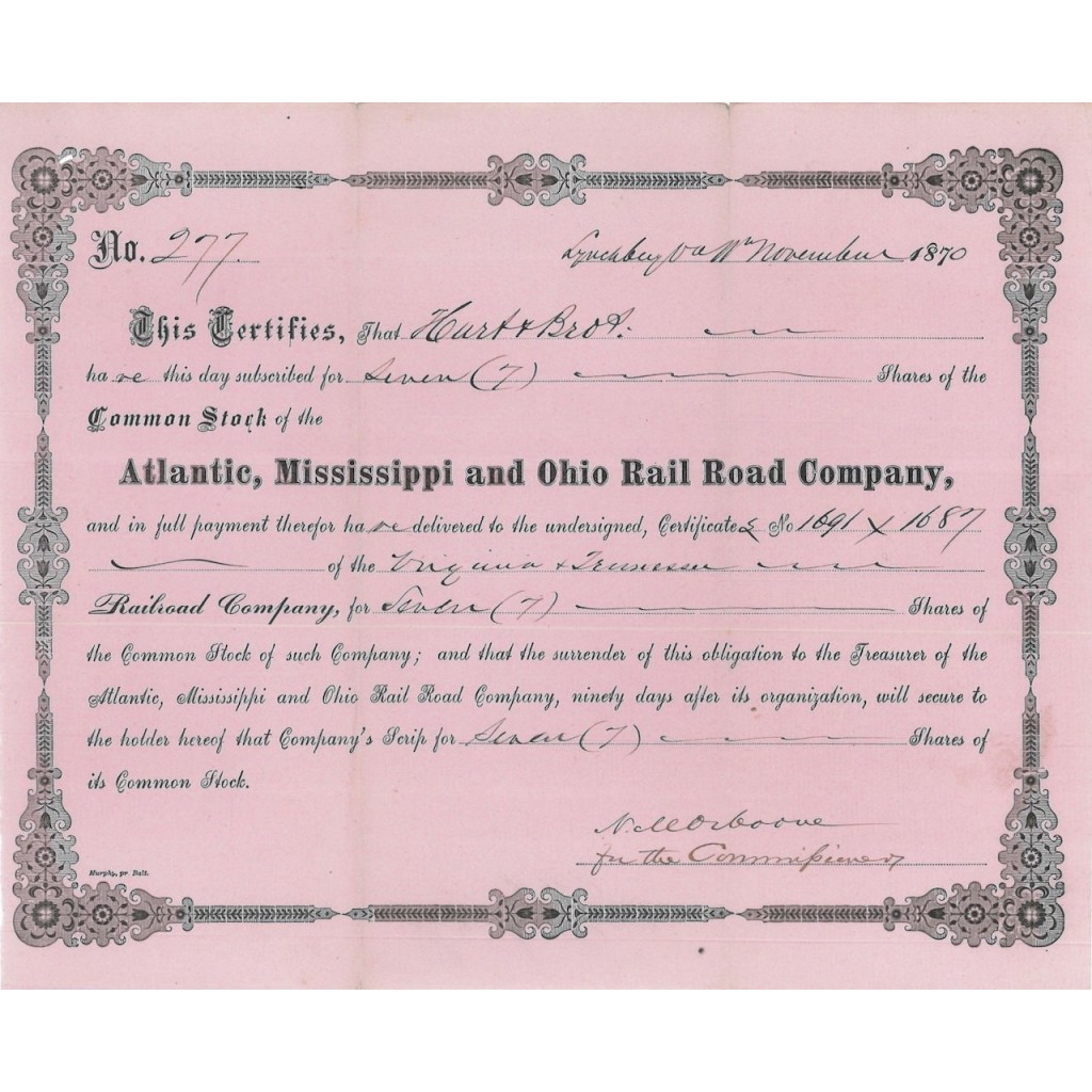 ATLANTIC, MISSISSIPPI AND OHIO RAIL ROAD COMPANY - 7 AZIONI 1870