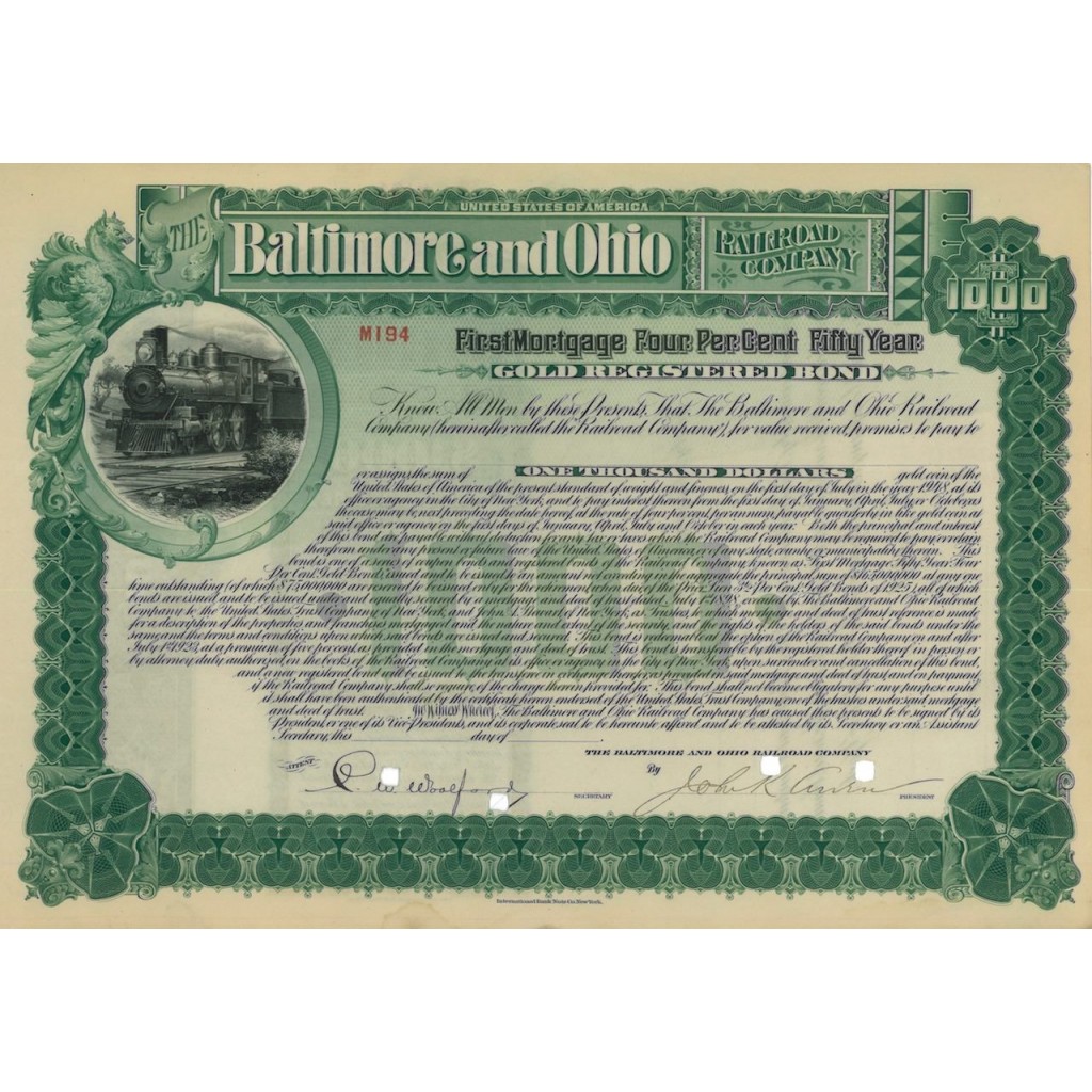 BALTIMORE AND OHIO RAILROAD COMPANY - 1000 DOLLARI - 1898