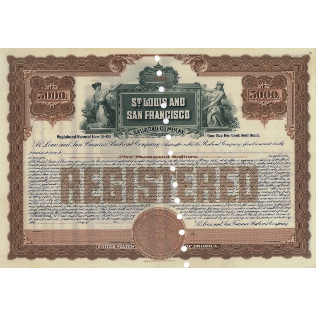 ST. LOUIS-SAN FRANCISCO RAILWAY COMPANY - 5000 DOLLARI - 1927