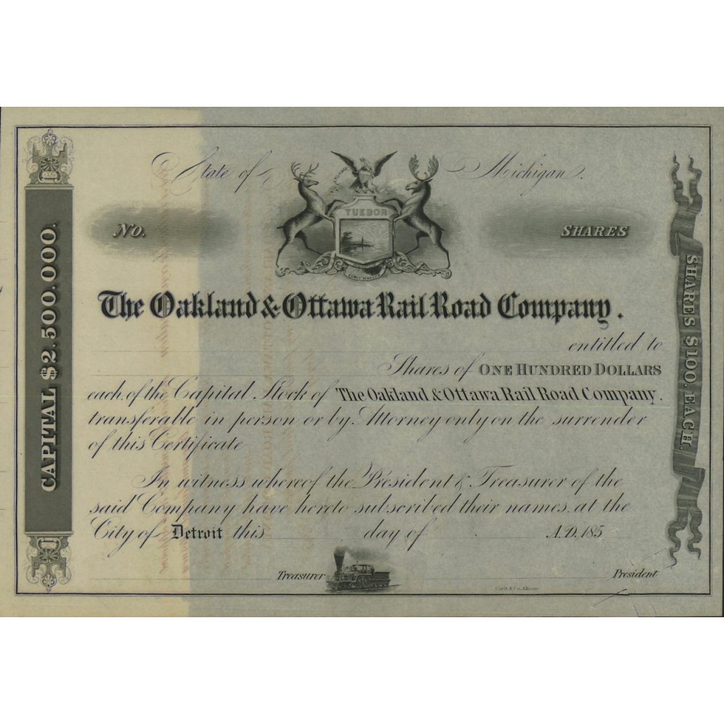 THE OAKLAND AND OTTAWA RAIL ROAD COMPANY AZIONI 100 DOLLARI 1850