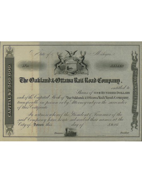 THE OAKLAND AND OTTAWA RAIL ROAD COMPANY AZIONI 100 DOLLARI 1850
