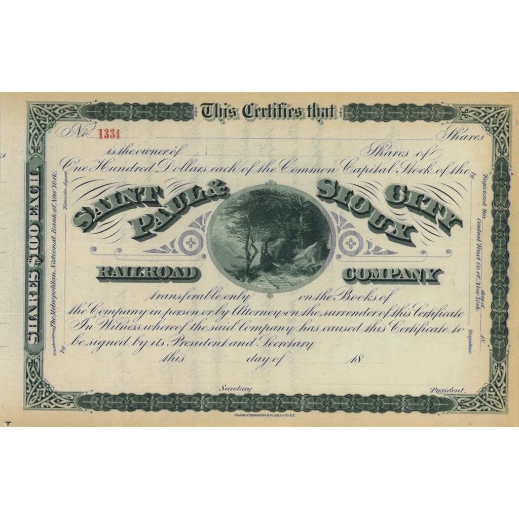 SAINT PAUL AND SIOUX CITY RAILROAD COMPANY - AZIONI - 1870