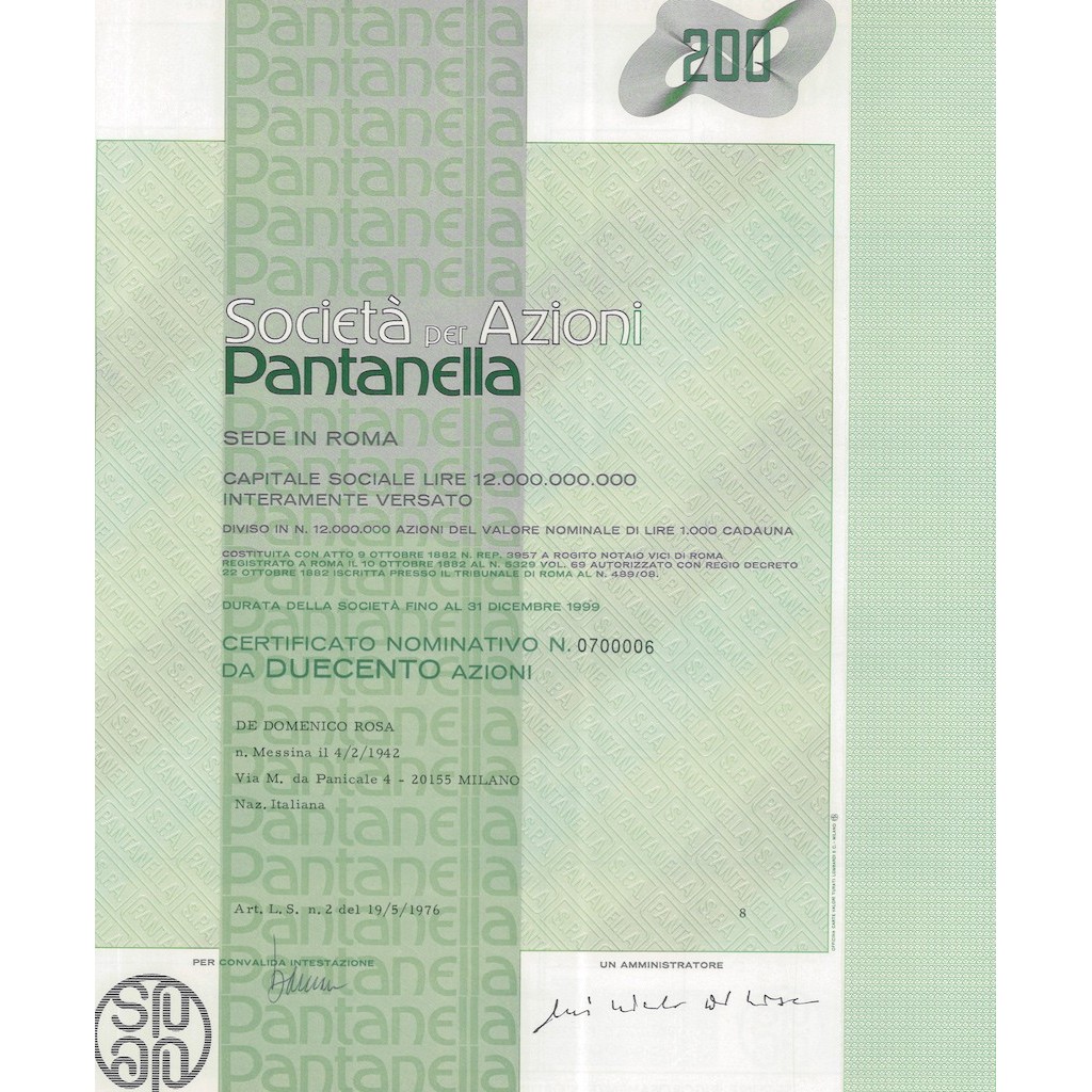 PANTANELLA - SOCIETA` PER AZIONI - 200 AZIONI ROMA 1976