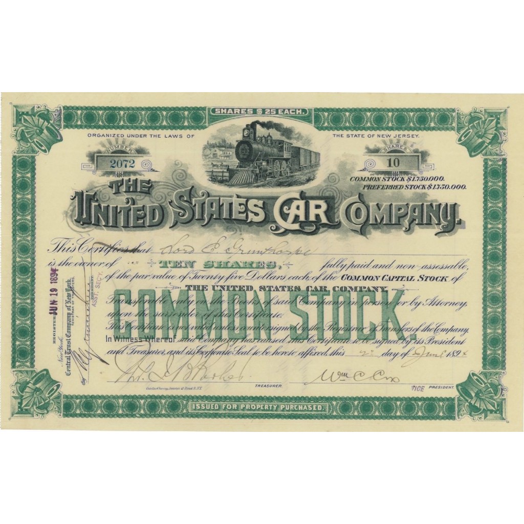 THE UNITED STATES CAR COMPANY - 10 AZIONI - 1897