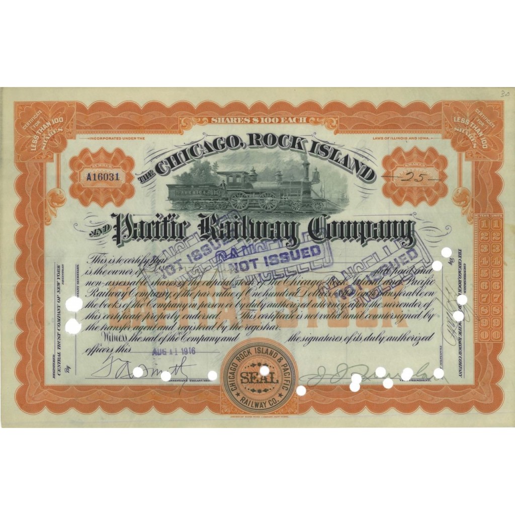 THE CHICAGO ROCK ISLAND AND P. RAILWAY COMP. - 25 AZIONI - 1916