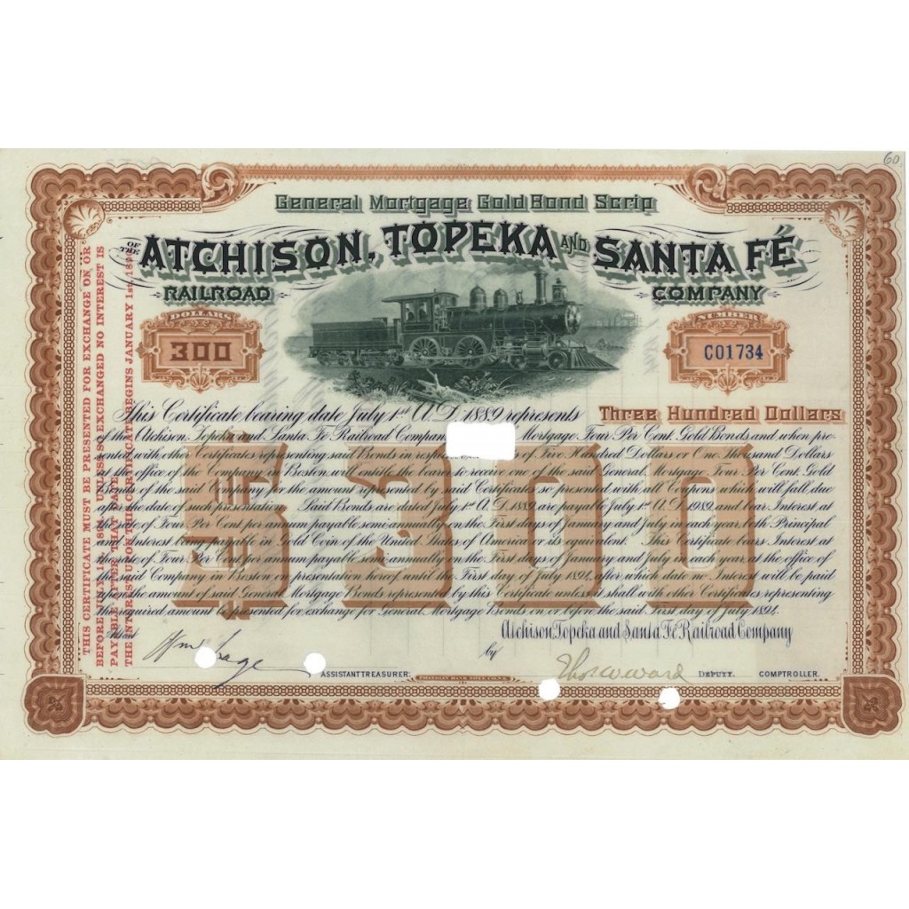 ATCHISON TOPEKA AND SANTA FE - RAILROAD COMPANY - 300 DOLLARI - 1894