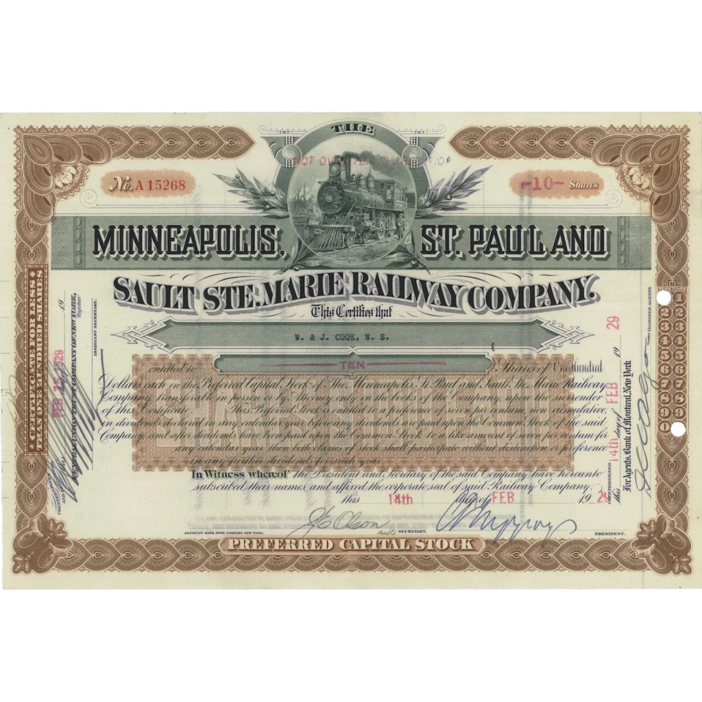 MINNEAPOLIS ST. PAUL AND SAULT STE. MARIE RAILWAY COMP. - 10 AZIONI 1929