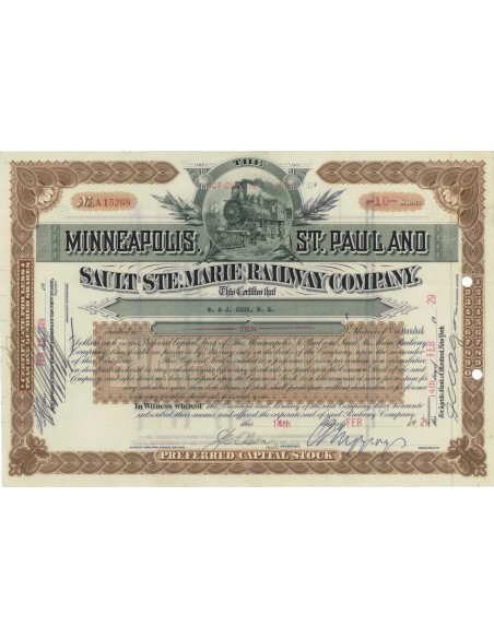 MINNEAPOLIS ST. PAUL AND SAULT STE. MARIE RAILWAY COMP. - 10 AZIONI 1929