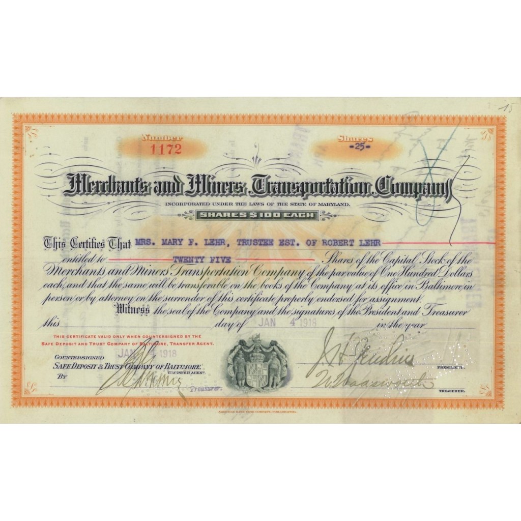 MERCHANTS AND MINERS TRANSPORTATION COMPANY - 25 AZIONI 1918