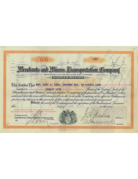 MERCHANTS AND MINERS TRANSPORTATION COMPANY - 25 AZIONI 1918
