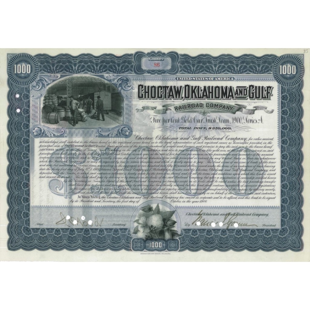 CHOCTAW OKLAHOMA AND GULF RAILROAD COMPANY - 1000 DOLLARI 1900