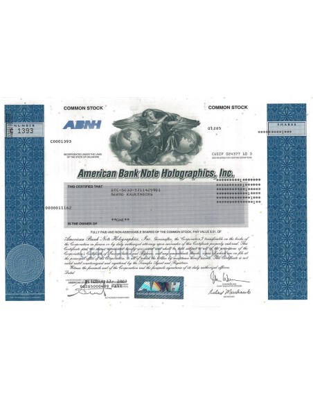 AMERICAN BANK NOTE HOLOGRAPHICS, INC. 1 AZIONE - 2003