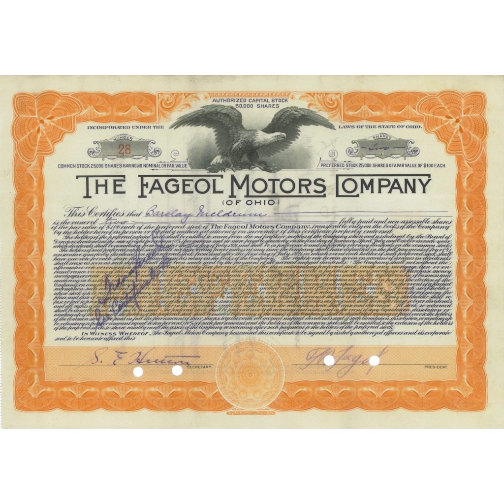 THE FAGEOL MOTORS COMPANY - 100 AZIONI - 1921
