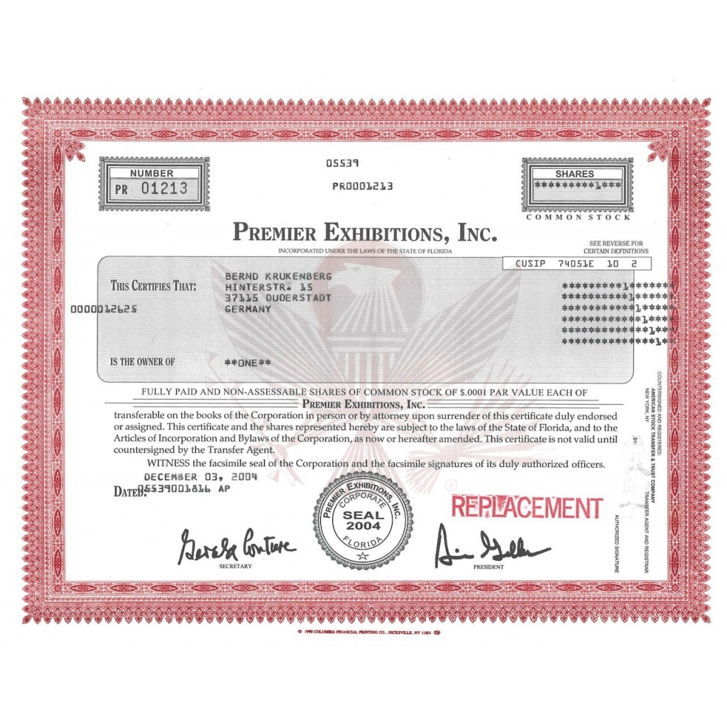 PREMIER EXHIBITIONS, INC. - 1 AZIONE - 2004