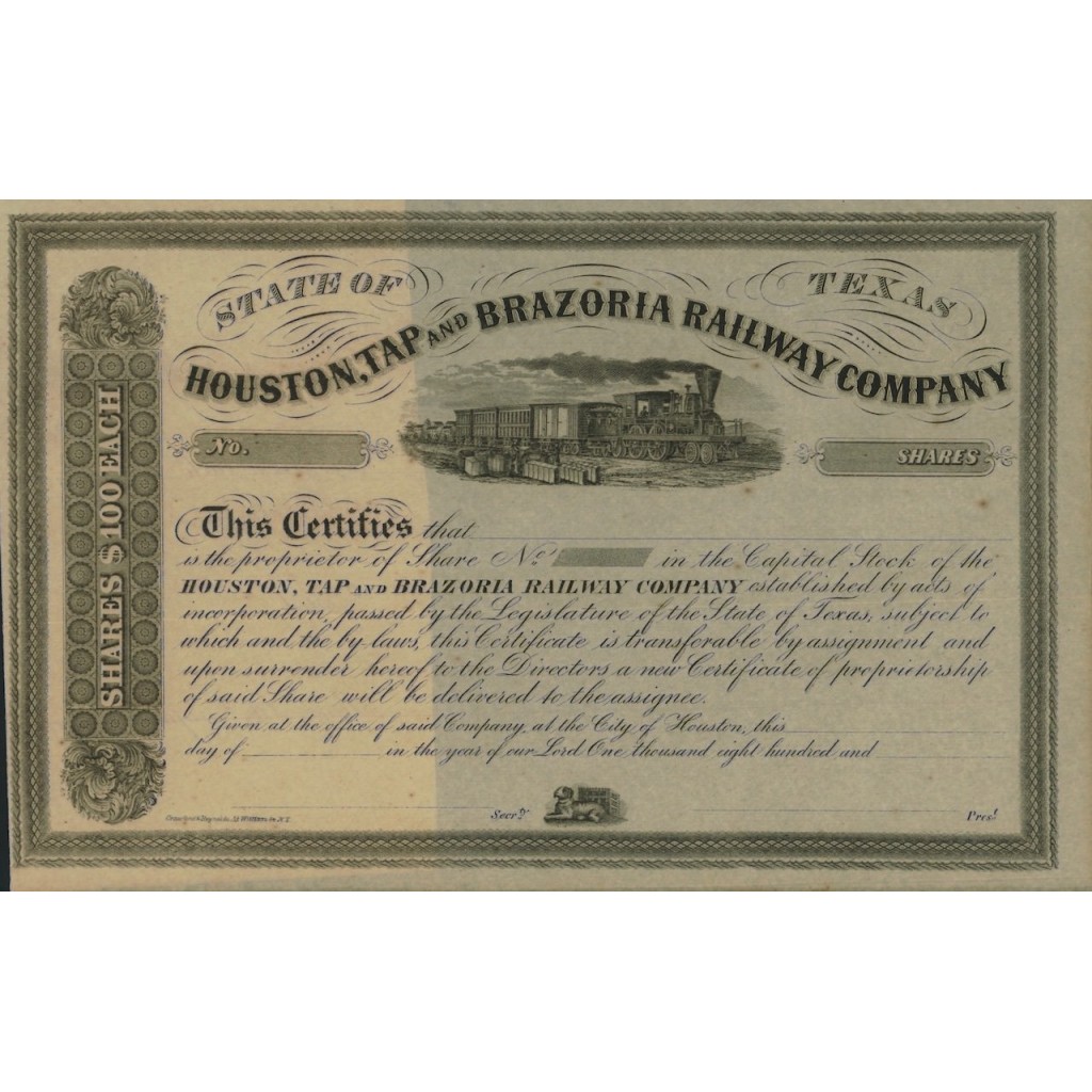 HOUSTON, TAP AND BRAZORIA RAILWAY COMPANY - AZIONI 1860