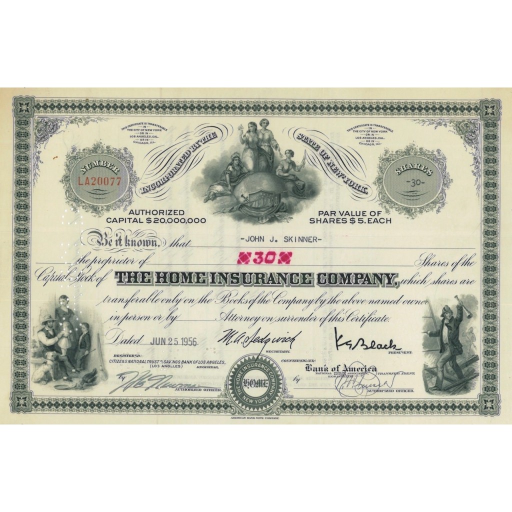 THE HOME INSURANCE COMPANY - 30 AZIONI 1956