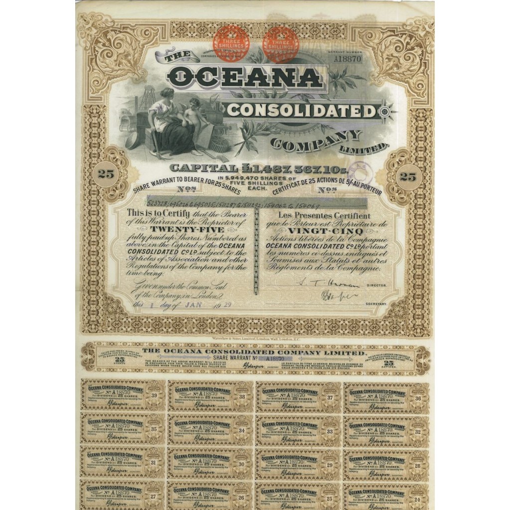 THE OCEANA CONSOLIDATED COMPANY LIMITED - 25 AZIONI - 1929
