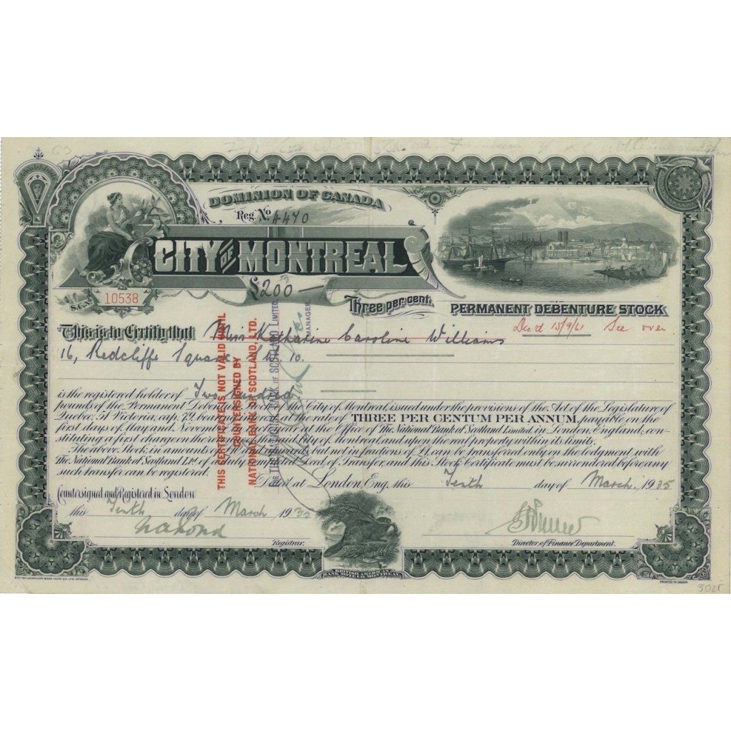 CITY OF MONTREAL - 200 DOLLARI INTERESSE 3 PER CENTO - 1935
