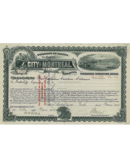 CITY OF MONTREAL - 200 DOLLARI INTERESSE 3 PER CENTO - 1935